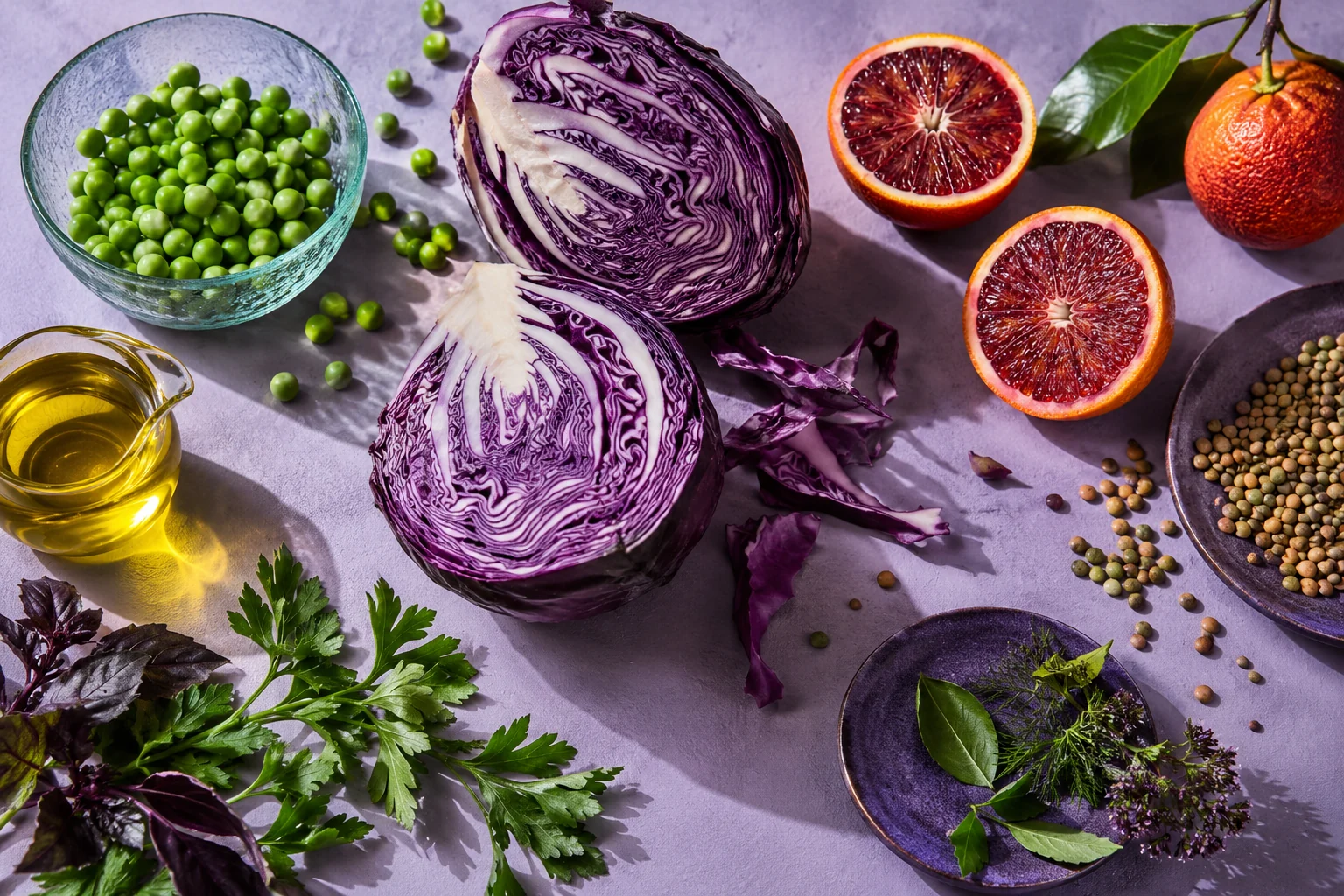 Chou violet, agrumes, petits pois, lentilles et herbes.