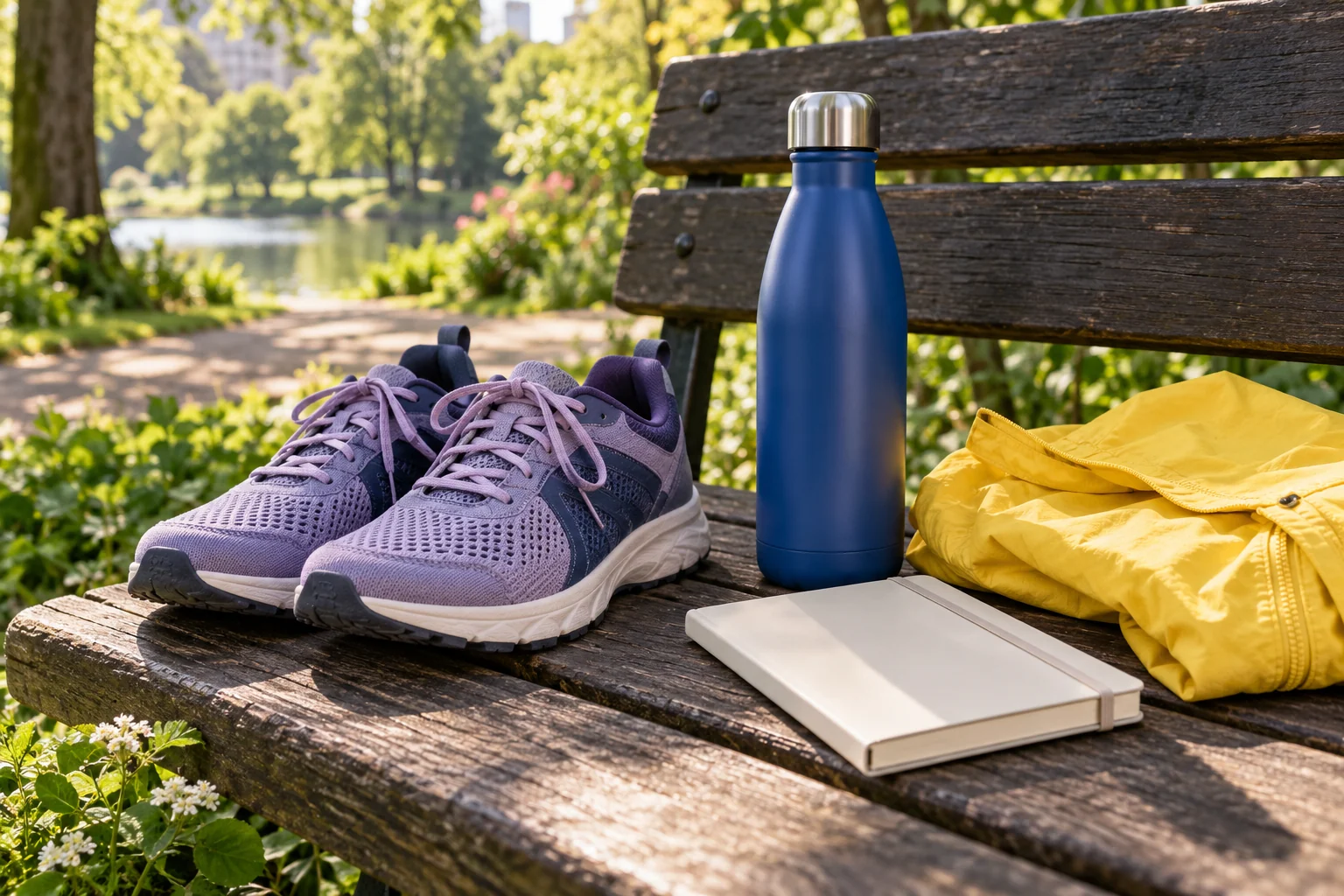 Chaussures de marche, bouteille et carnet sur un banc.