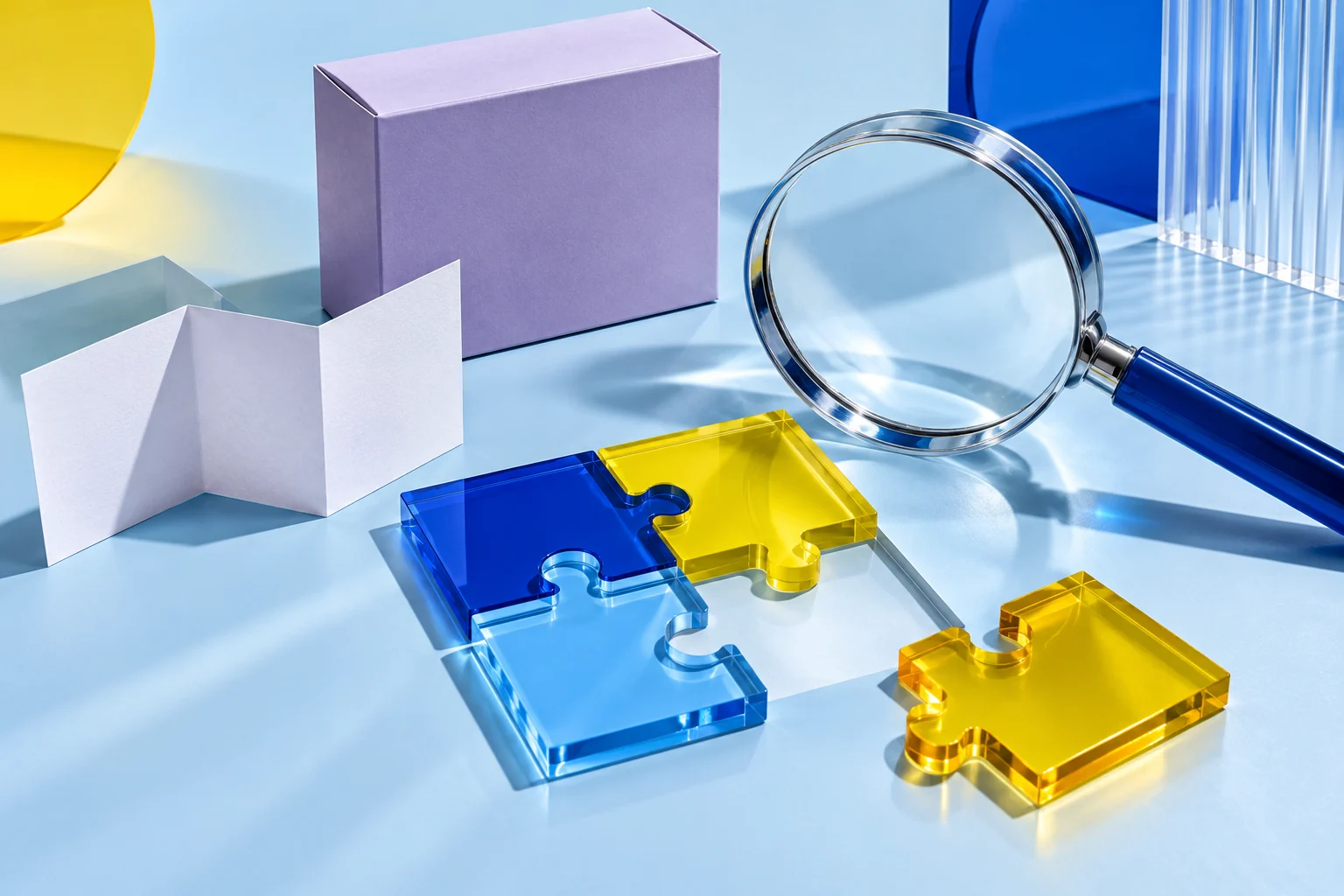 Emballage sans marque, loupe et pièces de puzzle.